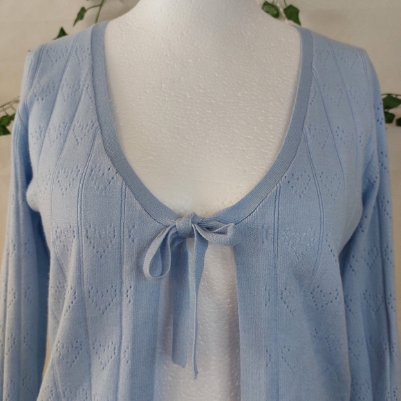 Nobody's Child Cardigan Light Blue Tie Front Hearts Pattern Bell Sleeve Size 14 - Picture 2 of 8